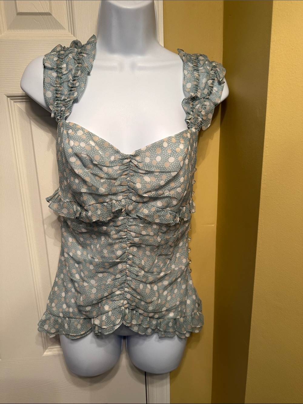 Tuleh Light Teal and White Polka Dot Ruffled Camisole button down side